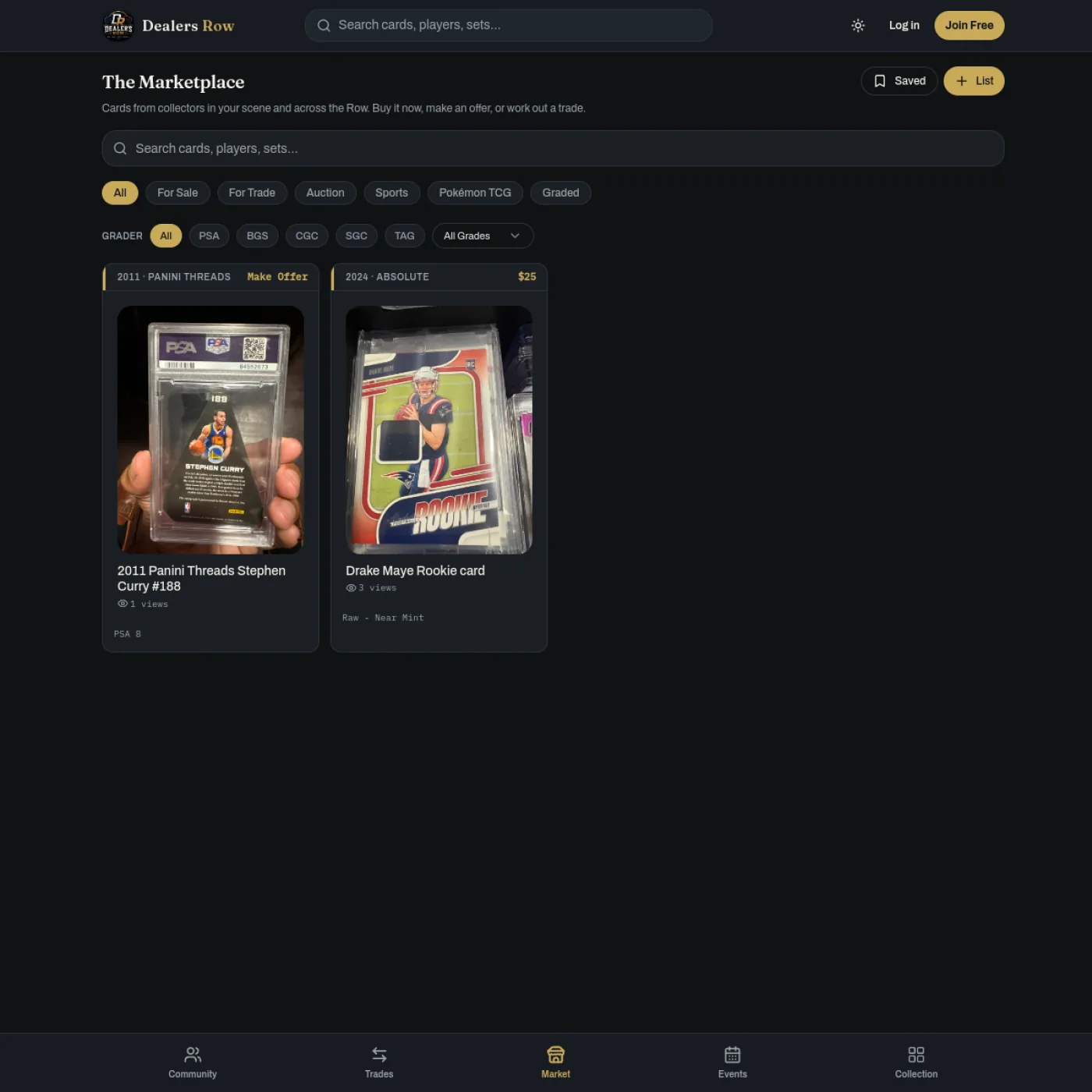 Dealers Row marketplace page listing trading cards for sale from local dealers